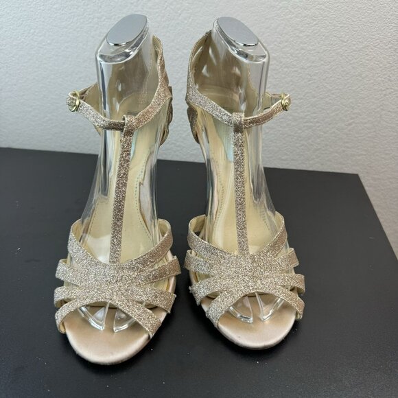 Betsey Johnson Gold Glitter Strappy Heels Stilettos Womens -‎ Size 8 - Picture 1 of 11